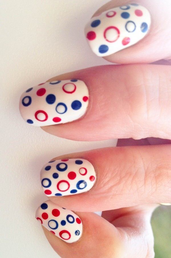 4th of July nails Simple: use the tip of any bobby pin for larger dots then go back in with a smaller tip for the retro dot look bring the second dot away from the center