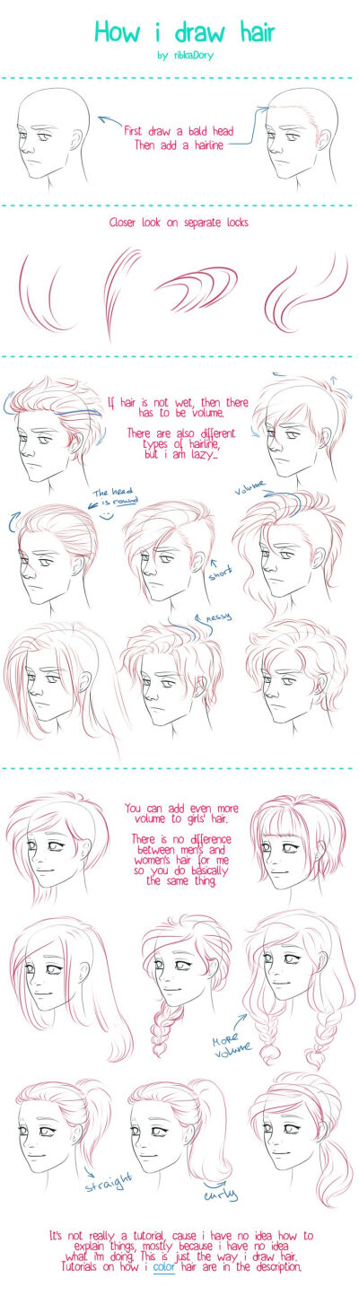 How to Draw Hair tutorial by =ribkaDory on deviantART: by drawing the ends and hairs at hairline close together you can create shading and a sense of form.