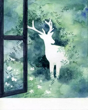 【插画，绘画，水彩，小清新，素材，鹿过花岗】
