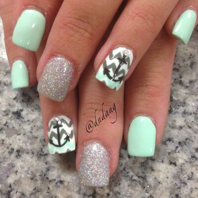 Seafoam and Grey Chevron Nails With Silver Shimmer and Anchor ⚓