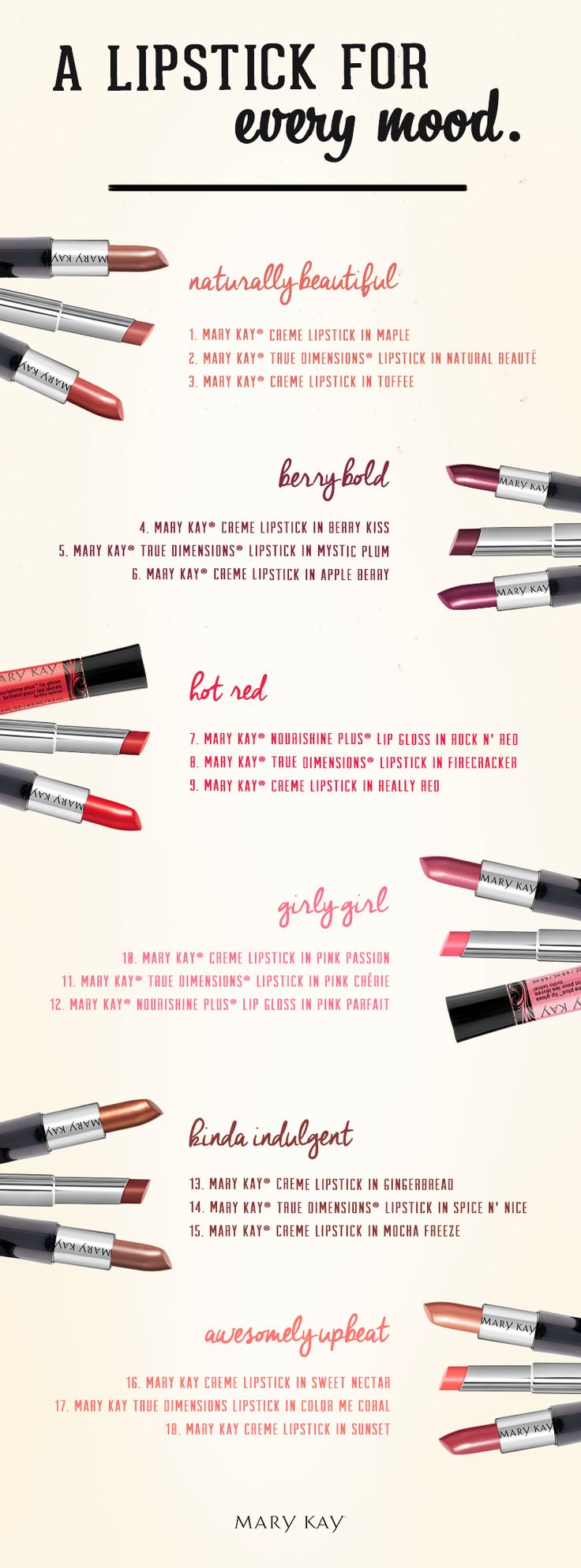 Let us help you pick a lipstick for your mood. Are you feeling bold? A little more girly? Does your style incorporate more natural colors? Whatever your mood and style, pick the lipstick shade that is right for you. | Mary Kay