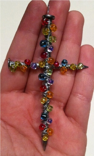 Easy project for VACATION BIBLE SCHOOL/SUNDAY SCHOOL PROJECT!! Just put beads on wire then wrap around two nails to make a cross. Pretty and INEXPENSIVE !! Make several and hang using fishing line onto coat hanger for suncatcher; attach to thin ribbon/rawhide shoestring for necklace, etc...