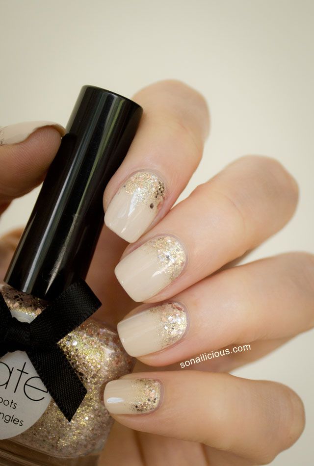 The Golden Hour - Reverse Glitter Gradient nail art: two color colour design: neutral, nude, latte (OPI My Vampire is Buff) base with sponged on shimmery shade in rose gold (Revlon Gold Coin 925) and golden sparkles sparkled glitter (Ciate Antique Brooch 113)