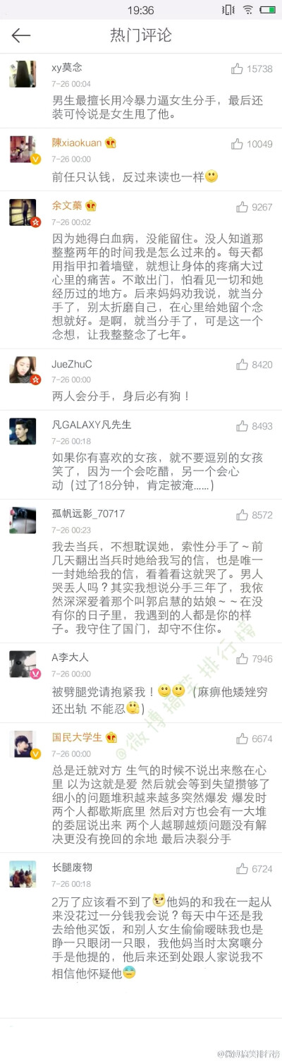 互动话题：“说说你和你前任分手的原因是什么 ______________________________” 7万评论，14万人没有在一起。评论看得好心疼，不爱了就都是理由。14万人心酸的故事。那个“我守住了国门却守不住你。”[悲伤]太戳泪…