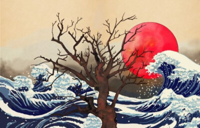 海水 沧浪 海浪 日本浮世绘 海啸 自然灾害 手绘 古风