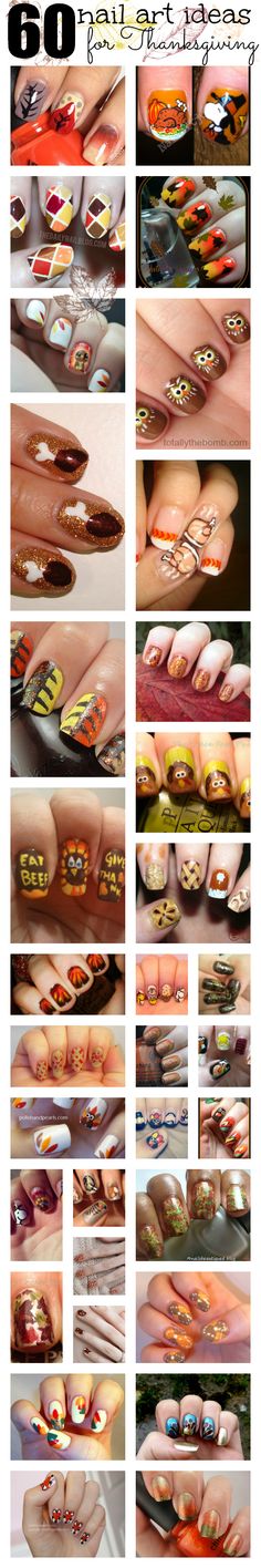 60 Thanksgiving Nail Art Ideas. Turkeys, Leaves, Fall Scenes, Thanksgiving Dinner, Thanksgiving Feast, Snoopy Thanksgiving, they're all there. I can't wait to try the Turkey Leg Nails!