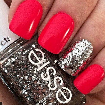 Red nails. Glitter. Silver. Essie polish. Nail art. Nail design.