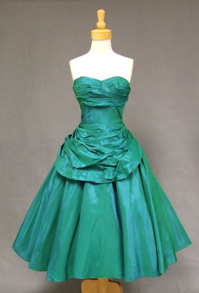 Fred Perlberg Draped Green Taffeta 1950's Cocktail Dress