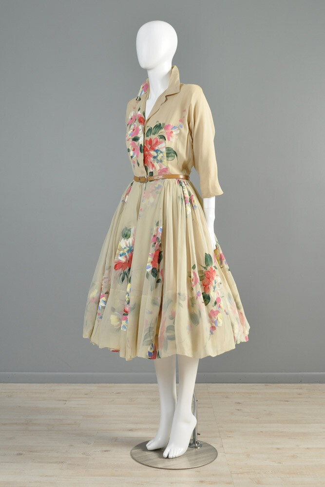 Holly Hoelscher Hand Painted 1950s Silk Chiffon Party