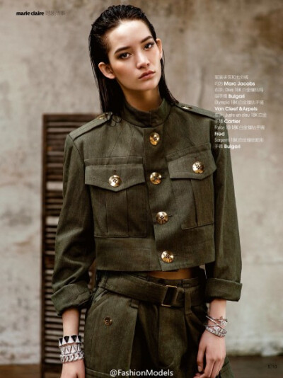 Marie Claire China May 2015 “Army Chic军装美人”：:Mona Matsuoka by 杨毅，松岗莫娜演绎《嘉人》5月刊军装风格大片。