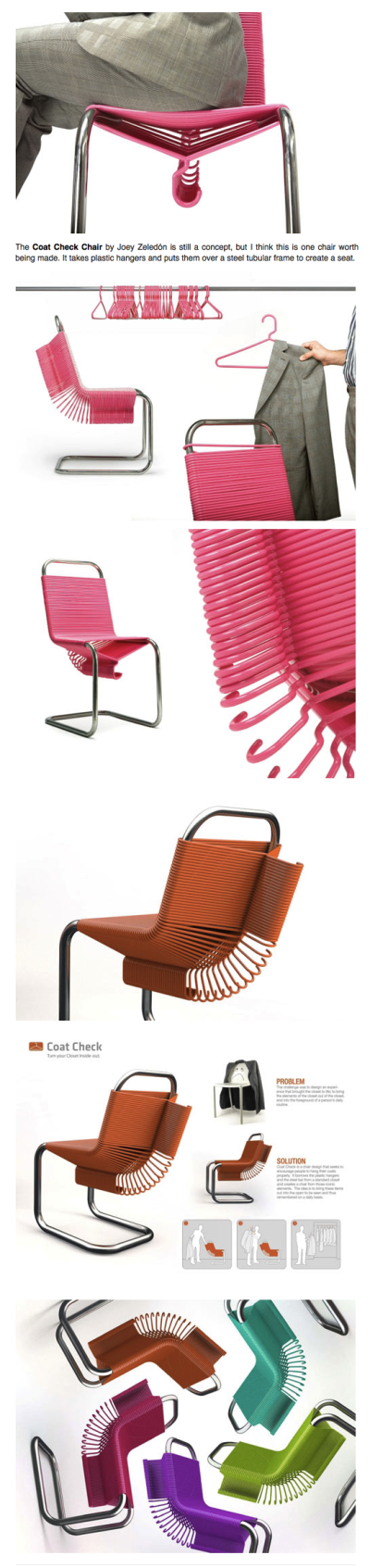 Industrial designer Joey Zeledón created the Coat Check chair. The chair uses plastic hangers set atop a steel frame. It's only a concept, but it's definitely beautiful! (via design-milk.com)