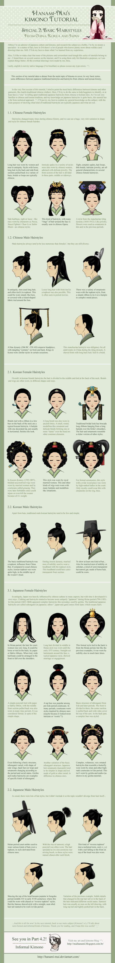 Kimono Tutorial - Hairstyles Special by Hanami-Mai.deviantart.com on @deviantART - Differences between Chinese, Korean, and Japanese hairstyles - I often see them getting mixed up in artwork, costumes…