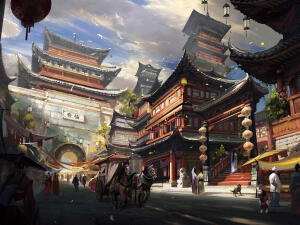 中国风 唯美 古风 市集图 插画 风景