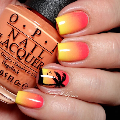 Tropical Sunset gradient with a palm tree silhouette, nail art by Sassy Shellly