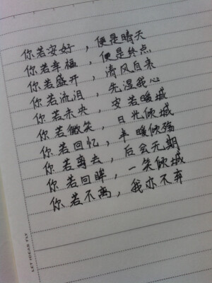 手写。文字。伤感。唯美。你若安好，便是晴天。你若幸福，便是终点。你若盛开，清风自来 。你若流泪，先湿我心。你若微笑，日光倾城 。你若未央，安若暖城 。你若回忆，半暖倾殇 。你若回眸，一笑倾城 。你若离去，后会无期 。你若不离，我亦不弃。