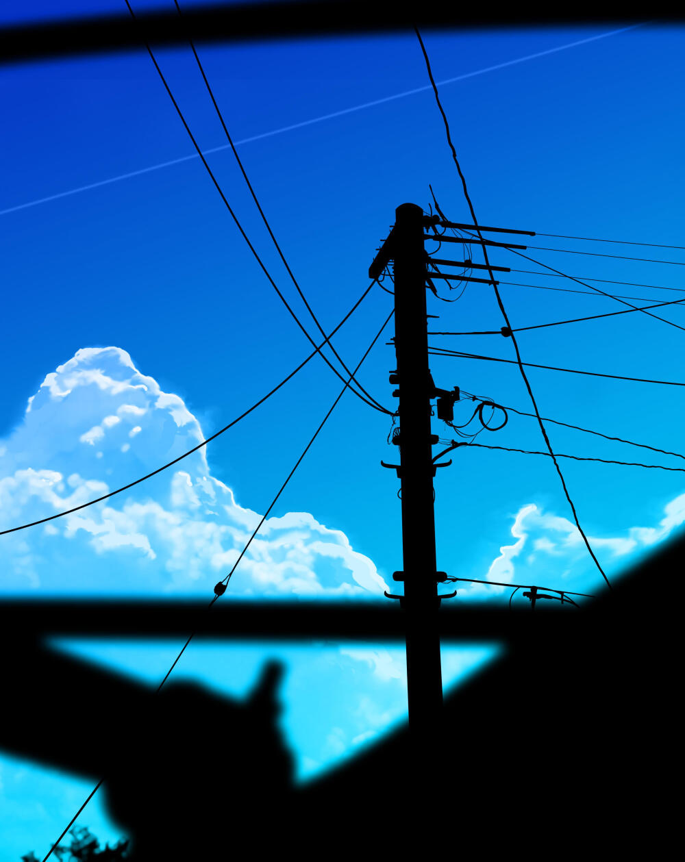 插画 唯美 壁纸 锁屏 阴暗向 青空 末日 异常 蓝天白云 天空 电线杆