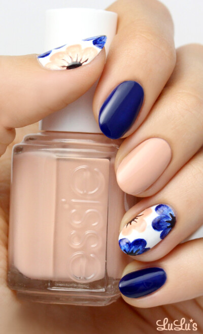 Mani Monday: Nude and Navy Blue Floral Nail Tutorial