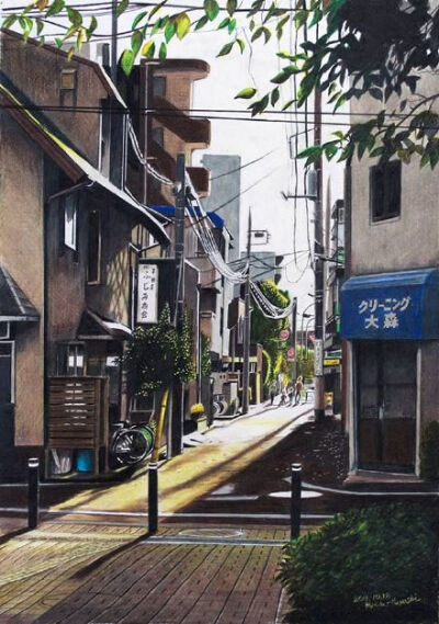 日本街道，以彩色铅笔描绘出的静谧美景。丨来自艺术家Ryota Hayashi。