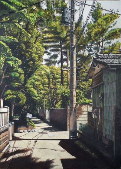 日本街道，以彩色铅笔描绘出的静谧美景。丨来自艺术家Ryota Hayashi。