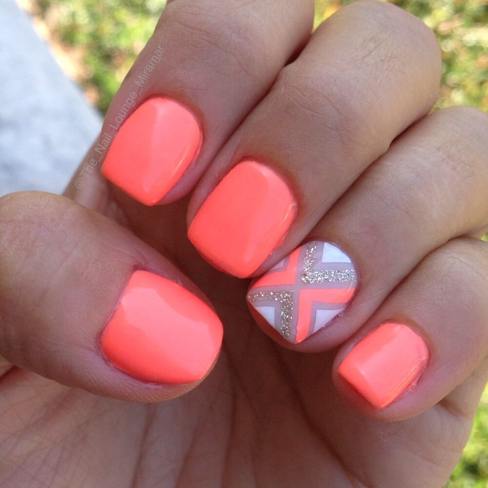 Bright orange coral Neon nail art design