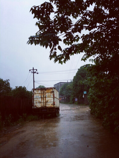 戚雨。 黑色电线分割的天空，雨滴划过分界线， 落入如洗的碧空，倒影被凌乱……