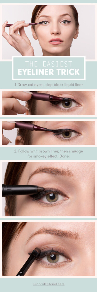 Day-appropriate cat eye: Start with regular winged black liner, then add a layer of brown eyeliner along the top. Smoke out with fingers or brush, and you're done!