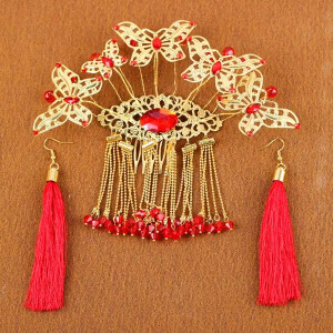 古代新娘头饰后梳古装结婚额饰凤冠步摇旗袍中式婚礼金红色发饰