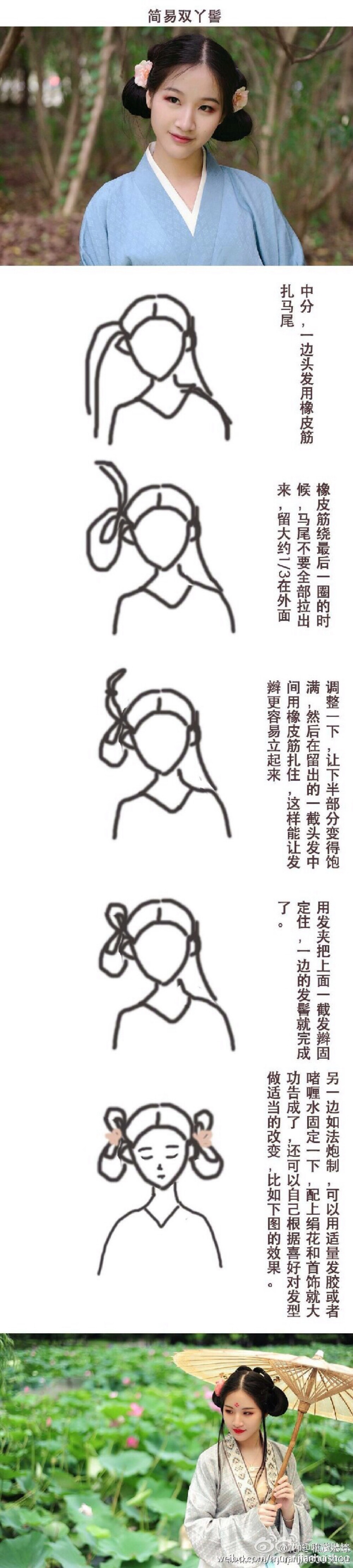 【古风发型，汉服发型，简易丫鬟辫】送给喜欢古风的姑娘们～。