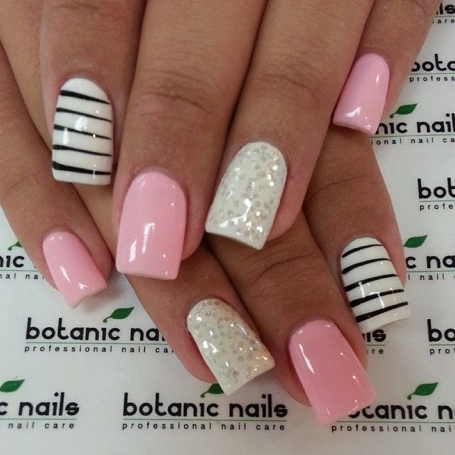 &amp;lt;3 black, white, pink, silver, glitter, sparkle, mani, manicure, finger nails, polish, girly, cute