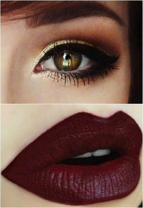 I LOVE THIS LOOK! A touch of yellow-gold and copper on the eye, winged liner and a dark lipstick. Gorgeous! by amber.coffin.7