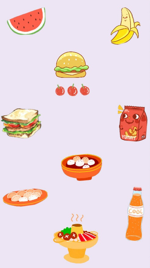 自制壁纸 软妹 平铺 食物 美食 西瓜 汉堡 樱桃 香蕉 火锅 包子 饺子