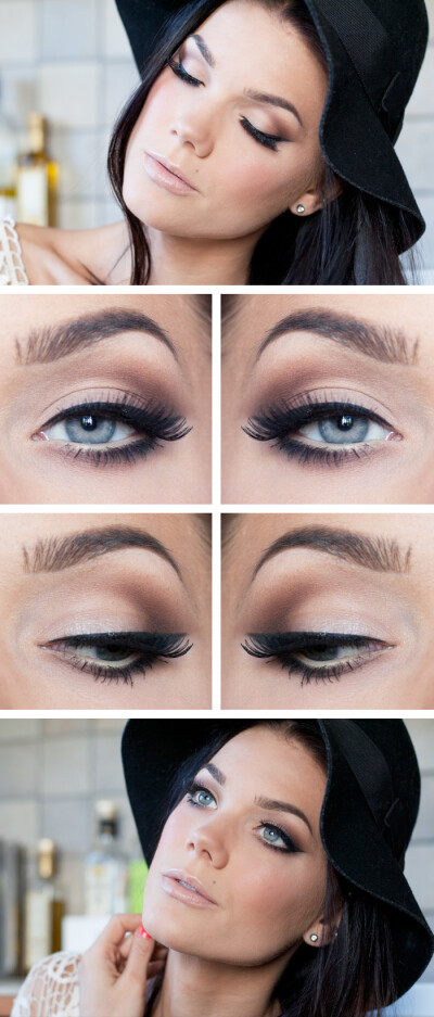 Soft eye makeup. So beautiful. Light brown eyeshadow in the crease making the v. And liquid eyeliner winged