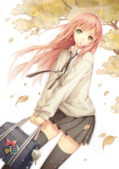 ✮ ANIME ART ✮ school uniform. . .pleated skirt. . .tie. . .long hair. . .stockings. . .school bag. . .tree. . .autumn leaves. . .in the breeze. . .sparkling. . .cute. . .kawaii