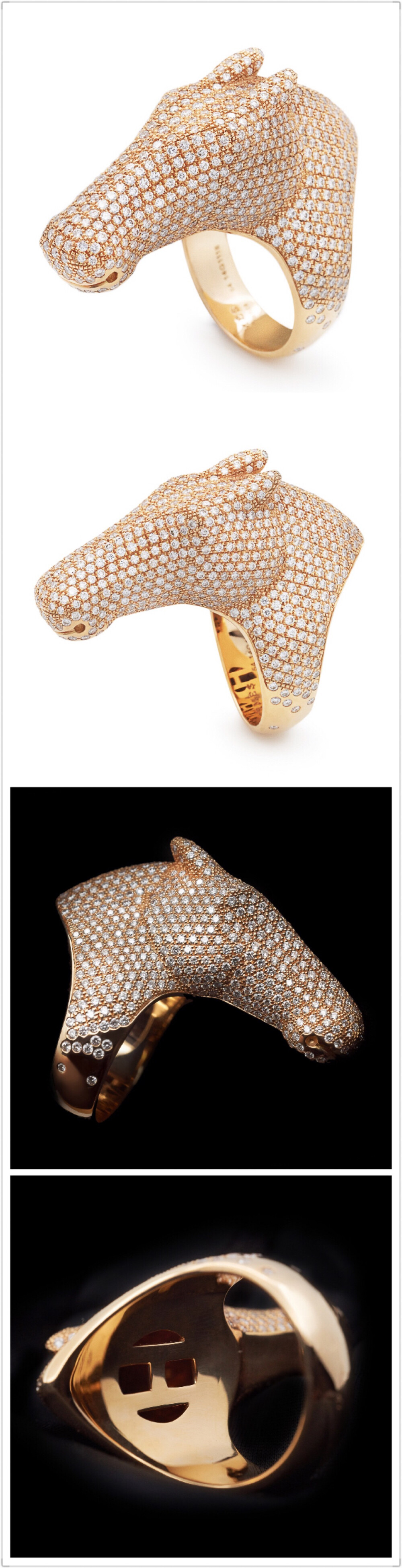 Hermès 爱马仕 Galop 戒指 采用玫瑰金材质，共镶嵌796颗明亮式切割钻石，总重4.04克拉。