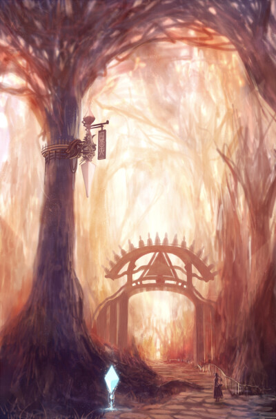 迷幻之门 人物 金色系 暖色调 意境 唯美 植物 森林 二次元 插画 手绘 壁纸 p站