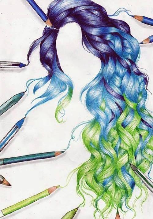 Drawing of purple blue and green curly hair - I don't like the green though... maybe white or something... HIT ME WITH SUGGESTIONS!