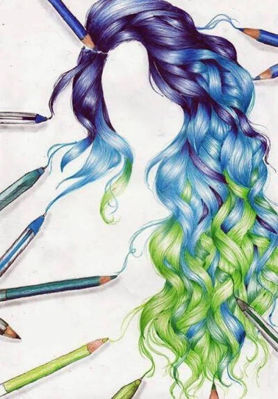 Drawing of purple blue and green curly hair - I don't like the green though... maybe white or something... HIT ME WITH SUGGESTIONS!