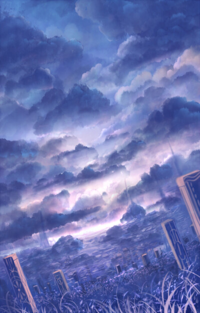 紫色系 荒芜 建筑 云层 意境 凄凉 二次元 插画 手绘 p站