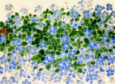 「 老树画画 」. 在秋天的晨光里，在旷野的露水里，在清蓝的梦境里，花儿开了。