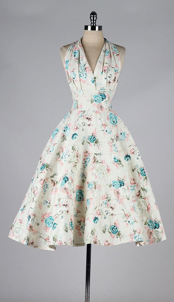 1950露背礼服。印花棉