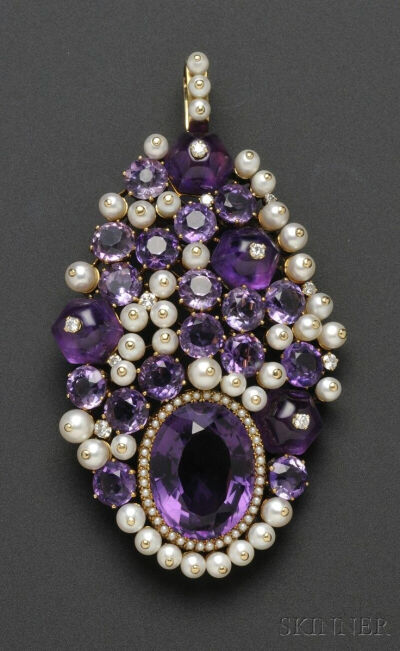 紫水晶。珍珠，钻石吊坠