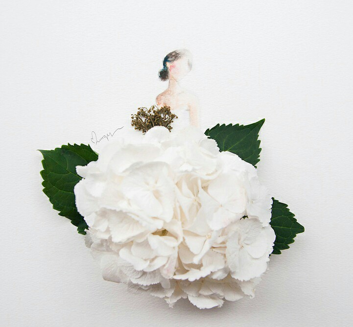  来自马来西亚视觉艺术家林小薇,也称为Limzy。采用精心放置的鲜花和花瓣作为美丽的时装礼服的轮廓，来创作出这系列异想天开的花&amp;amp;时尚混合的礼服插图。鲜花 礼服 婚纱 设计 手稿