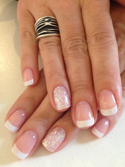 Bio Sculpture Gel French manicure: #87 - Strawberry French (base colour) #3 - Snow White with iridescent glitter feature nail