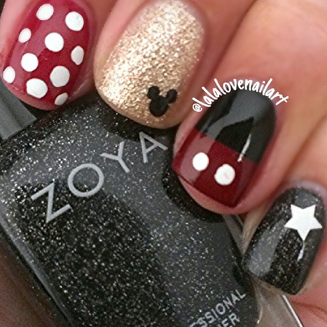 **Possibly this one only red w/white polka dots on all fingers except for the gold glitter w/Mickey accent nail.**