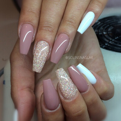 Long Coffin Nails. Blush + Glitter + White. So pretty! #nail #nailart