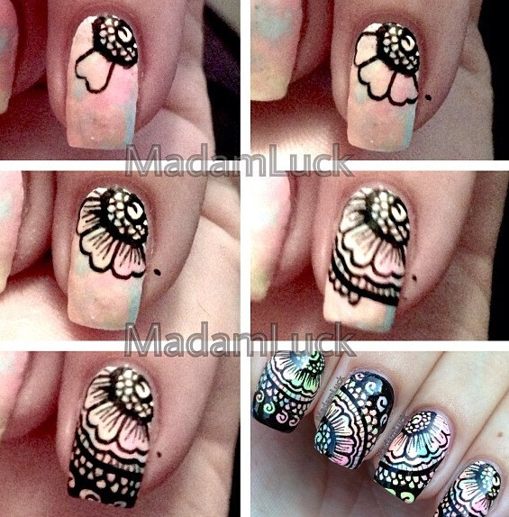 Floral Lace Nail Tutorial Mallory's tip: use the pastel galaxy tutorial for the base and a nail art pen in black