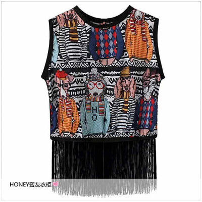 HONEY蜜友衣柜2015夏季新款欧美时尚印花流苏背心无袖T恤打底上衣