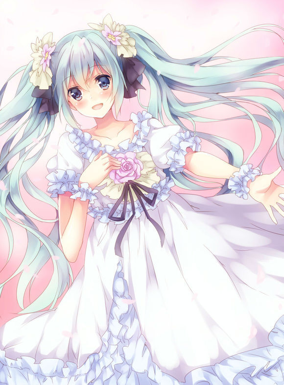 初音未来 miku 双马尾 伸手 花朵 唯美