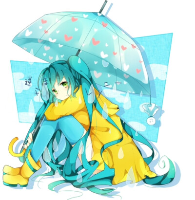 miku 初音未来 双马尾 雨伞 雨衣 雨鞋 鱼滴