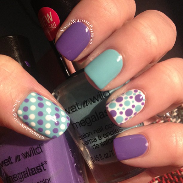 Purple and mint dot manicure